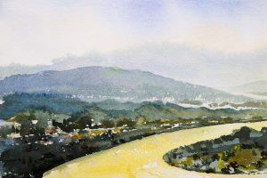 Acuarela pinturas de paisaje vista superior colorido del río Mekong, la montaña natural y el bosque con el pueblo, el cielo de fondo de la nube, punto de referencia en Tailandia. Pintado impresionista, imagen de ilustración