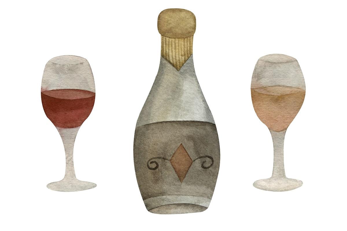 Juego de acuarela de botella de vino estilo vintage con copas con bebidas rojas y blancas . Cómo pintar vidrio con acuarela .